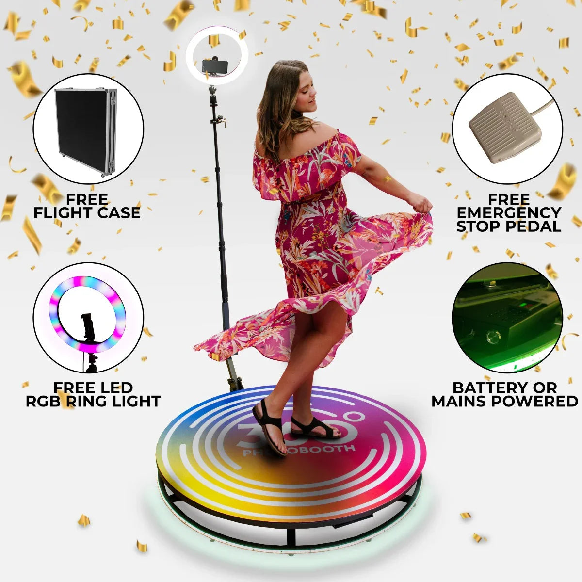 Colorful 360 photo booth with a woman in a floral dress, featuring LED ring light, free flight case, and emergency stop pedal
