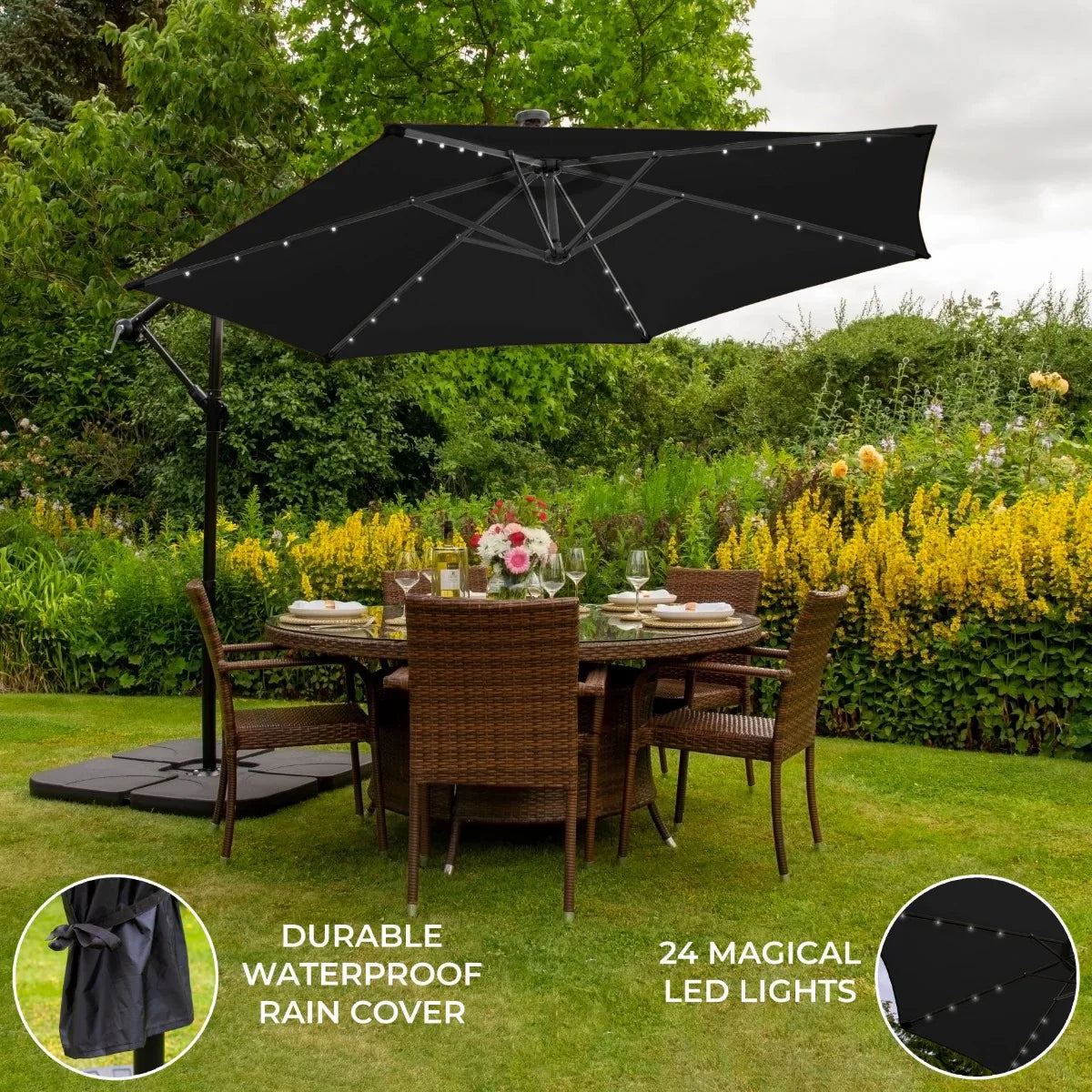 Black 3m LED cantilever parasol with plain base, featuring a durable waterproof cover and 24 integrated LED lights, perfect for outdoor dining