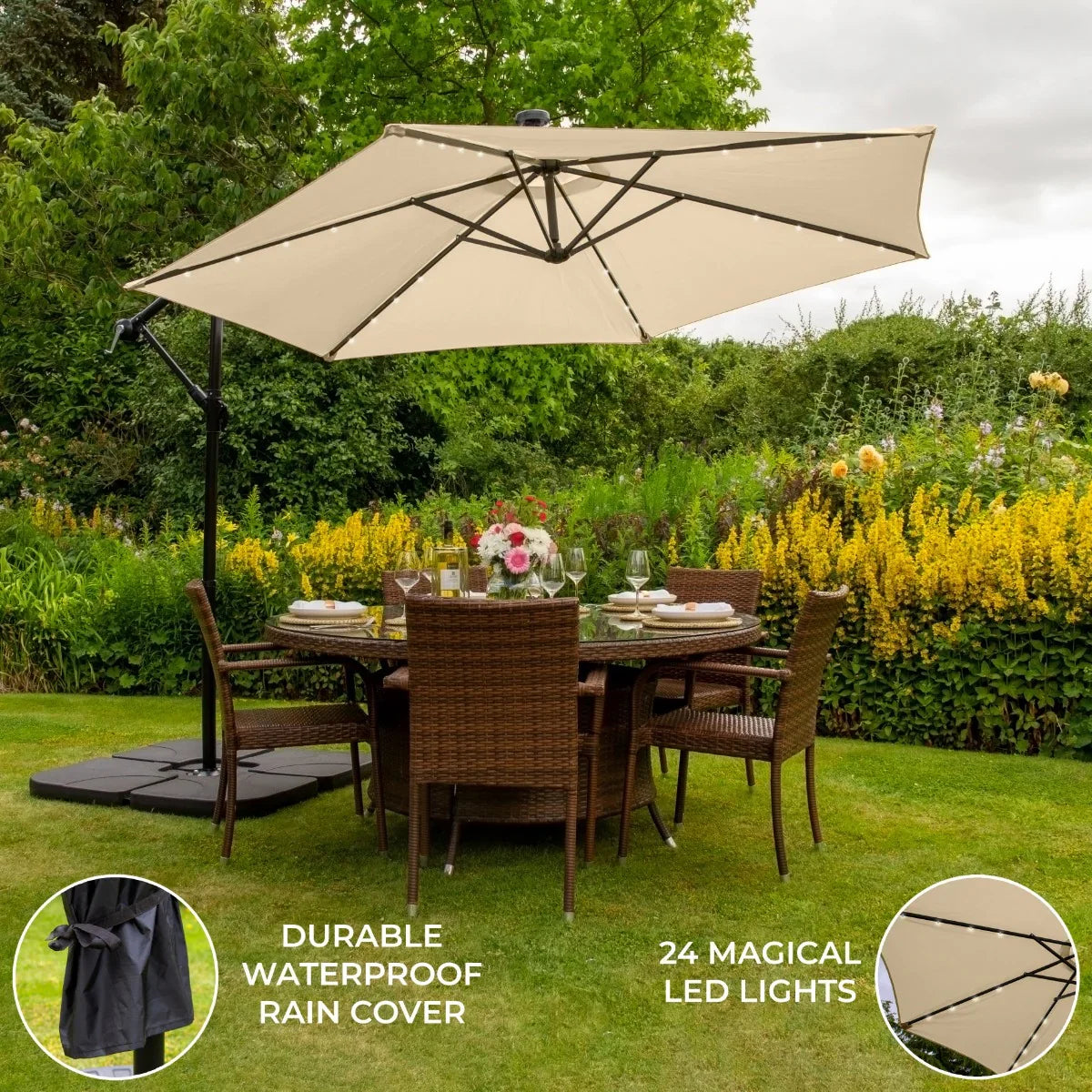 Beige 3m LED cantilever parasol with a plain base, featuring a durable waterproof cover and 24 integrated LED lights, perfect for outdoor dining