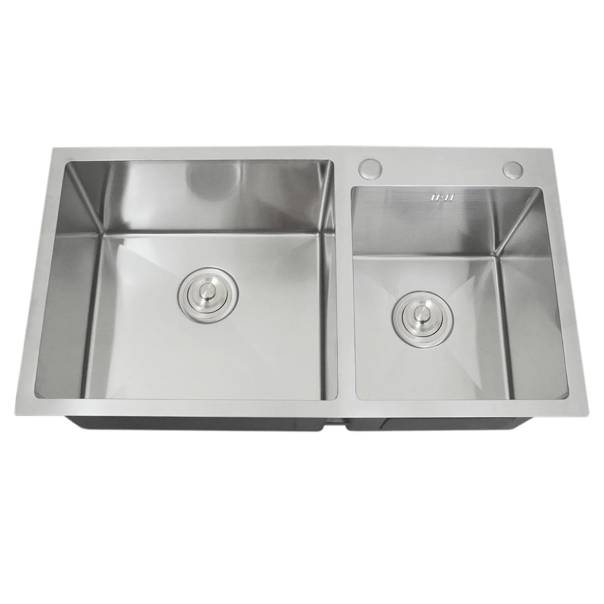 KuKoo double stainless steel sink featuring two square basins, polished finish, and central drain holes for efficient water flow