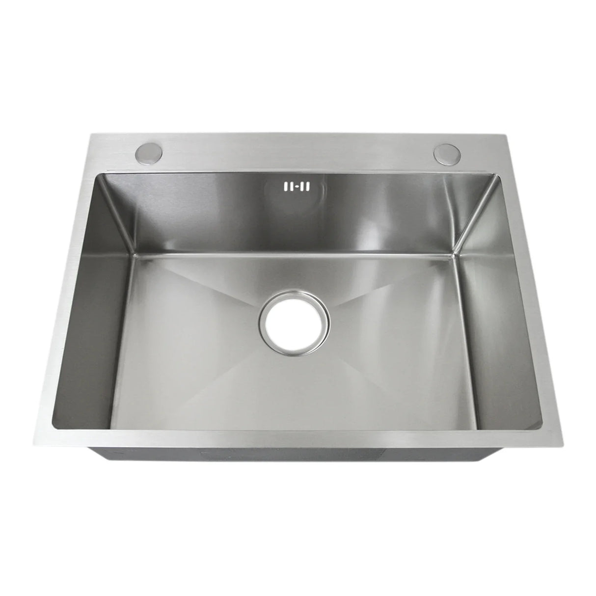 Single stainless steel sink with a polished finish, rectangular shape, and central drain hole, ideal for modern kitchens
