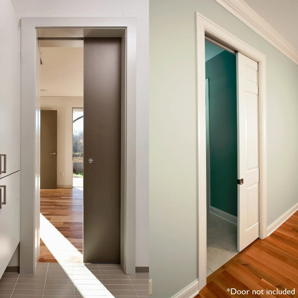 Hideaway Single Pocket Door Kit showcasing a sleek, modern design with a smooth, brown pocket door and light-colored walls