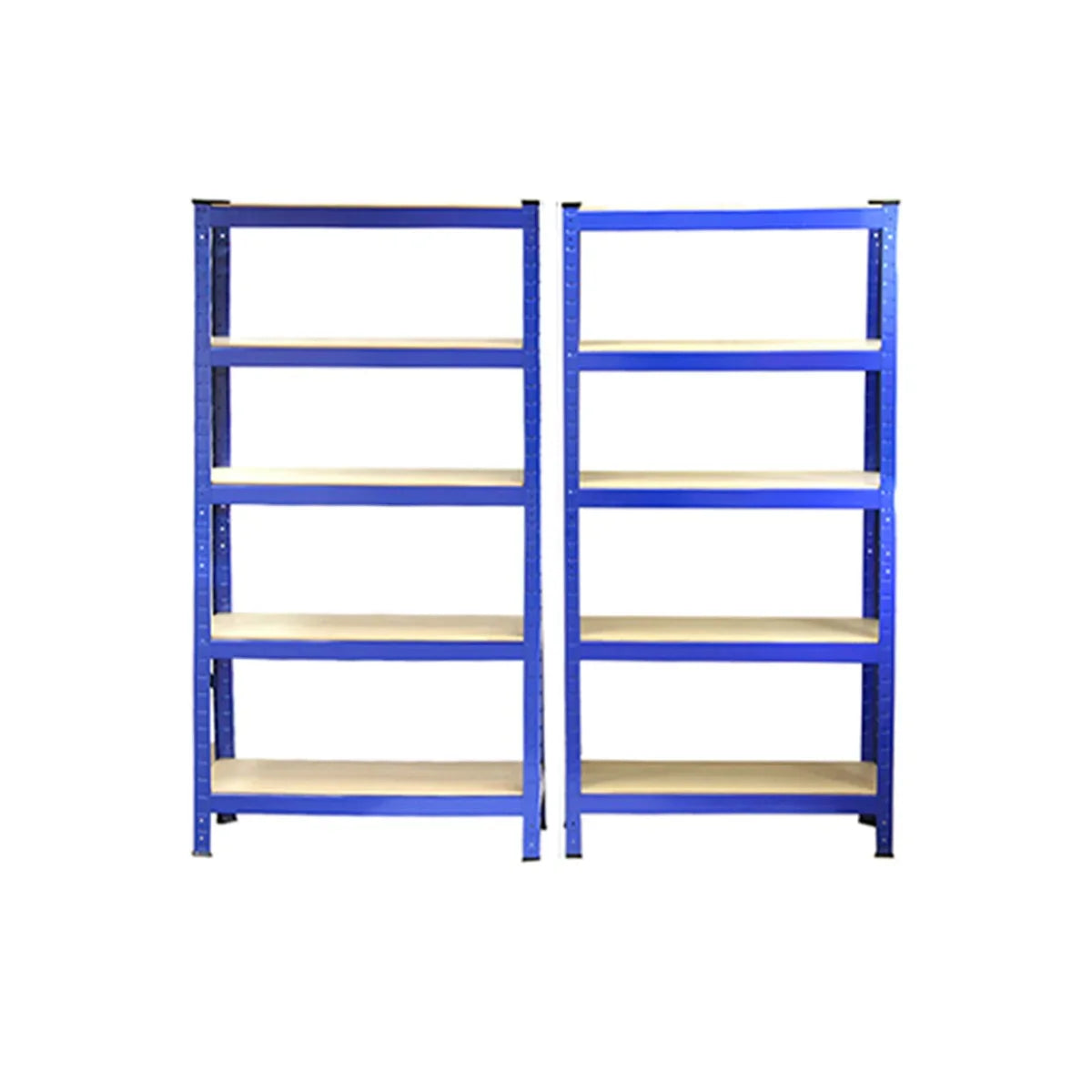 Heavy duty blue shelving units, 75cm wide and 30cm deep, featuring sturdy metal frames and multiple shelves for storage solutions