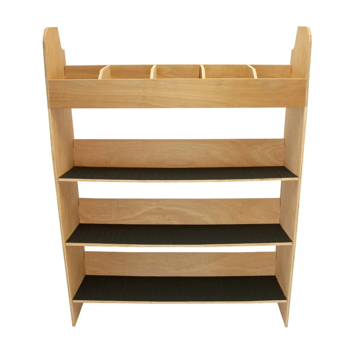 Ford Transit Custom divider racking features a sturdy wooden frame with four black rubber-lined shelves for organized storage