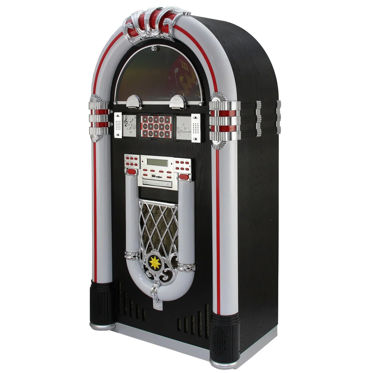 Retro vinyl jukebox and CD case featuring a black and silver design, chrome accents, and a classic arched top with buttons and speakers