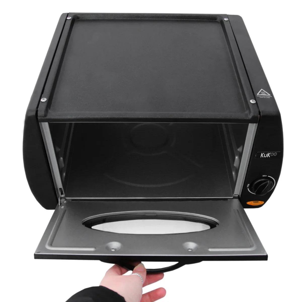 Compact Mini Tandoor Oven with a sleek black exterior, stainless steel interior, and a large opening for easy access and cooking