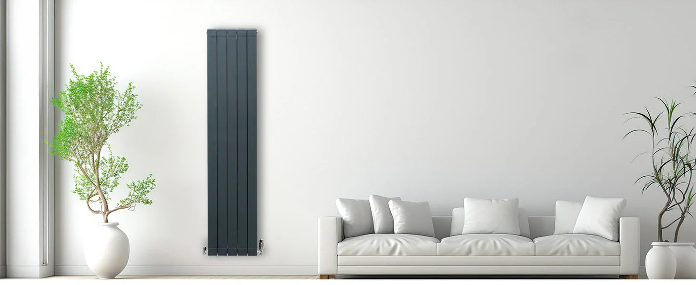 Sleek vertical radiator in dark gray beside a modern white sofa with plush cushions, complemented by potted greenery in a bright room