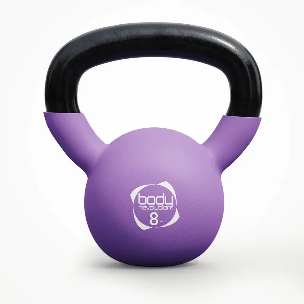 Purple 8kg neoprene kettlebell with a black handle, featuring a smooth texture and a Body Revolution logo on the front