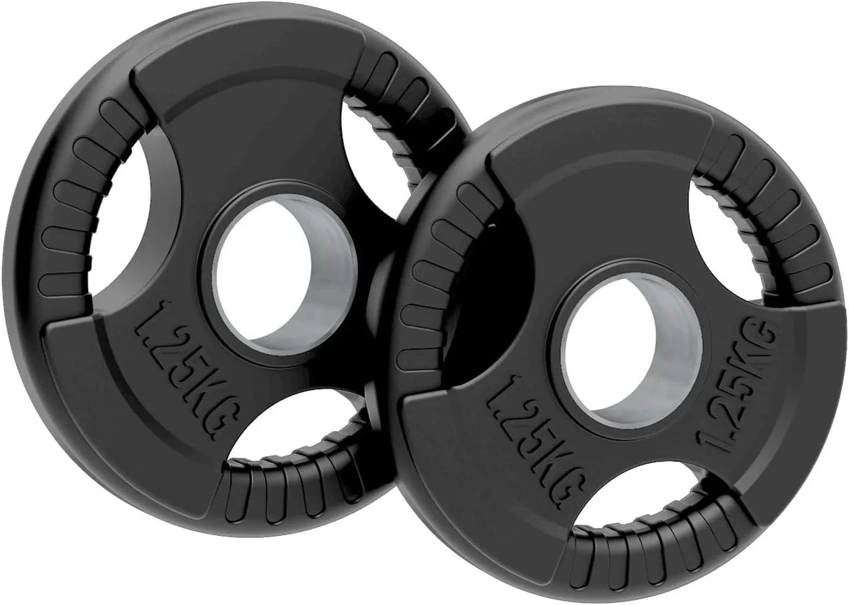 Black rubber Olympic tri-grip weight plates, 2 x 1.25kg, featuring ergonomic grips and a smooth finish for easy handling