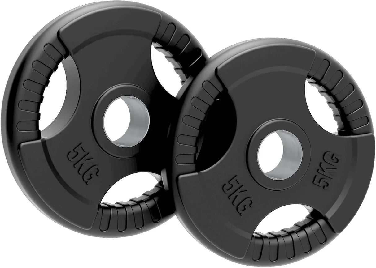 Two 5kg Olympic tri-grip rubber weight plates in black, featuring ergonomic grips and a smooth, durable surface for easy handling