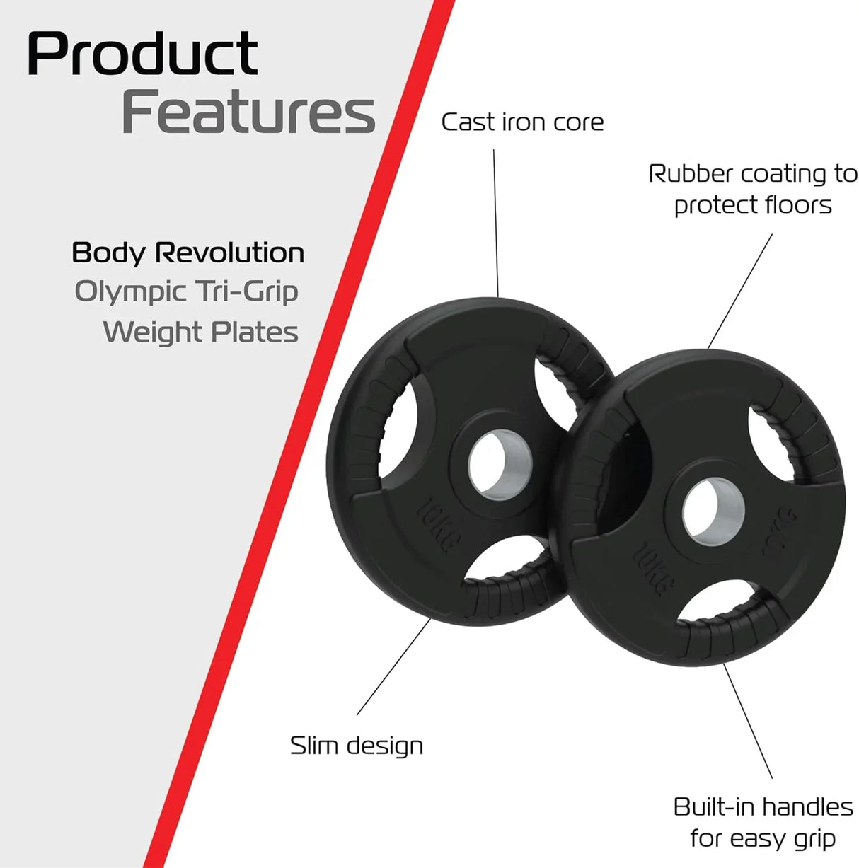 Black 10kg Olympic Tri-Grip rubber weight plates with built-in handles, featuring a cast iron core and slim design for easy grip