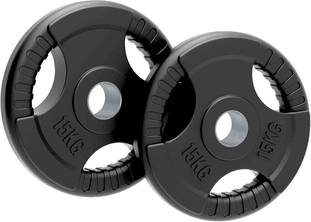 2 x 15kg Olympic Tri-Grip Rubber Weight Black Plates