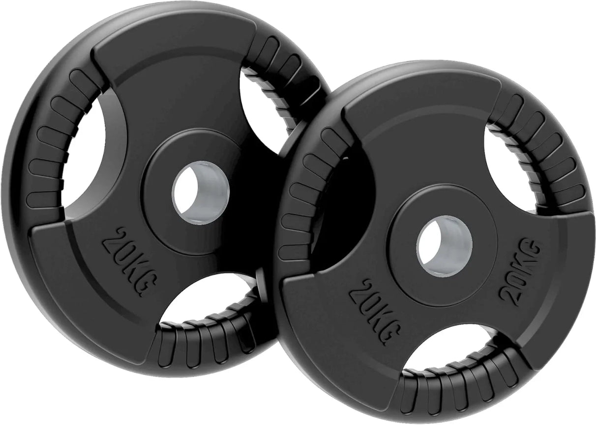 Black rubber Olympic tri-grip weight plates, 20kg each, featuring textured grips and clear weight markings for easy handling