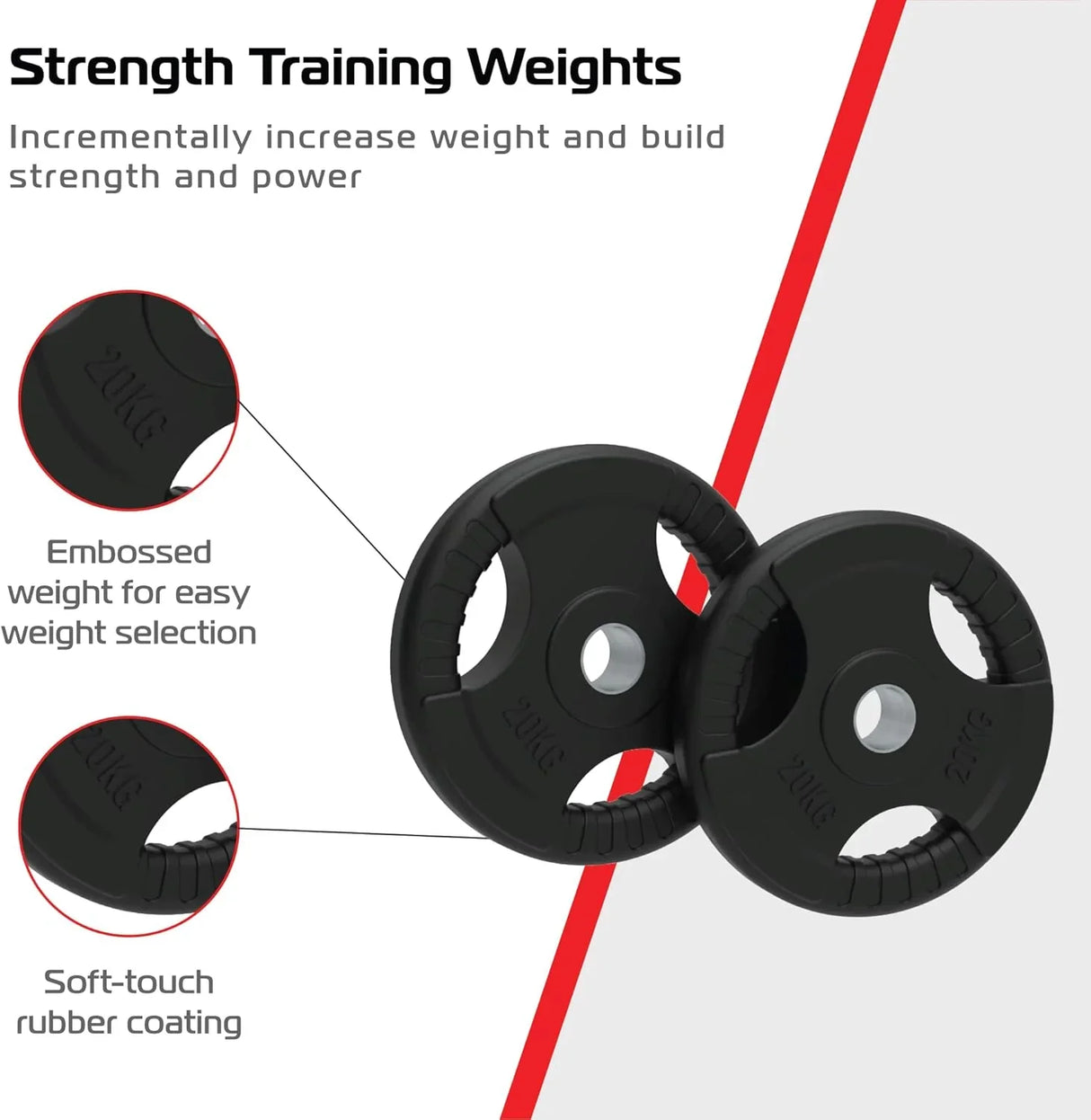 Black 20kg Olympic tri-grip rubber weight plates with embossed weight markings and soft-touch rubber coating for strength training