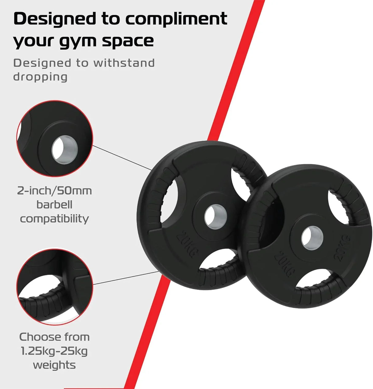Black rubber Olympic tri-grip weight plates, 20kg each, featuring a durable design with 2-inch barbell compatibility and easy grip holes