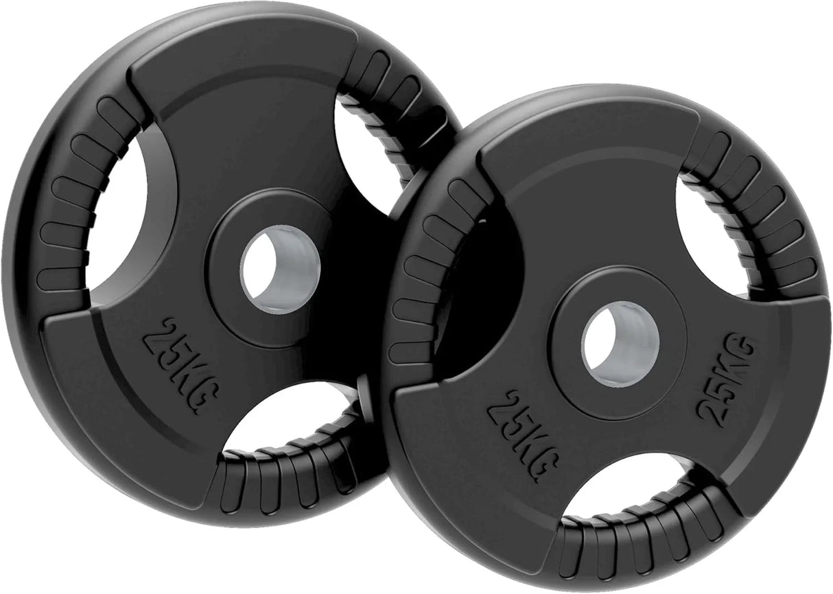 Black rubber Olympic tri-grip weight plates, 25kg each, featuring textured grip edges and a central hole for easy handling