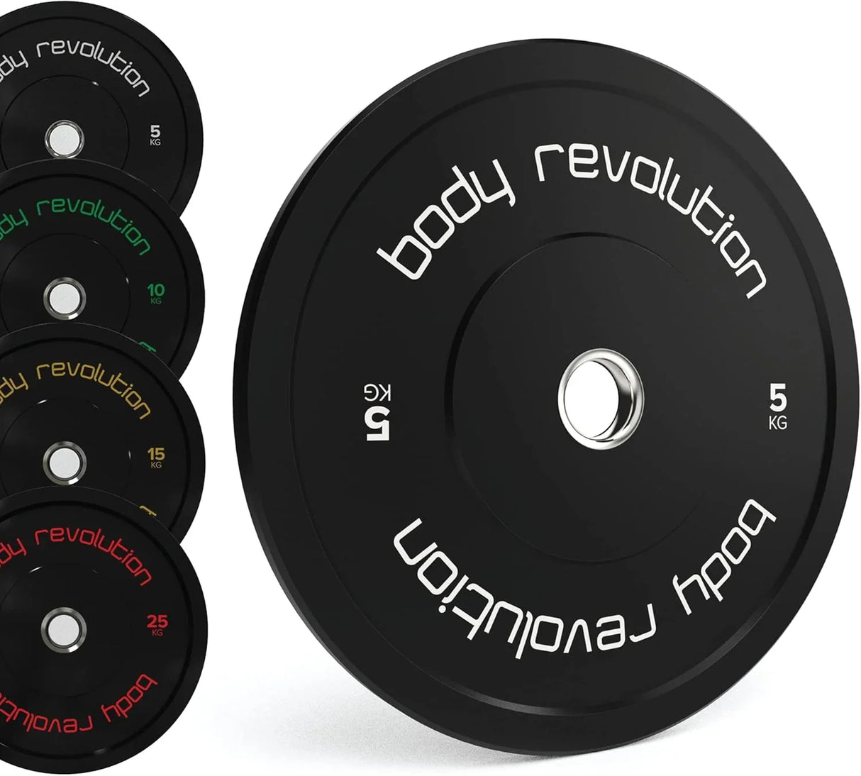 Black Olympic bumper plates from Body Revolution, featuring a smooth surface, bold white lettering, and color-coded weight indicators