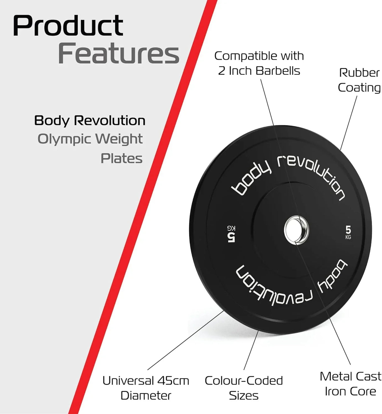 Black 5kg Olympic bumper plate with rubber coating, metal cast iron core, and color-coded size for easy identification