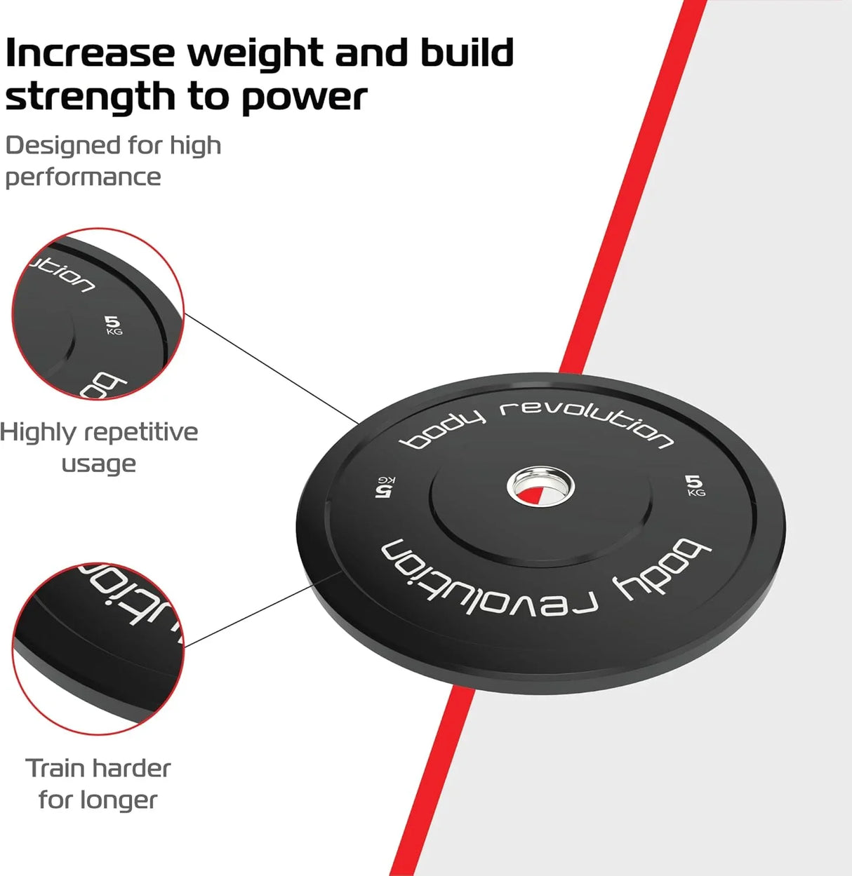 Black Olympic bumper plate from Body Revolution, featuring a durable rubber surface, designed for high performance and repetitive use