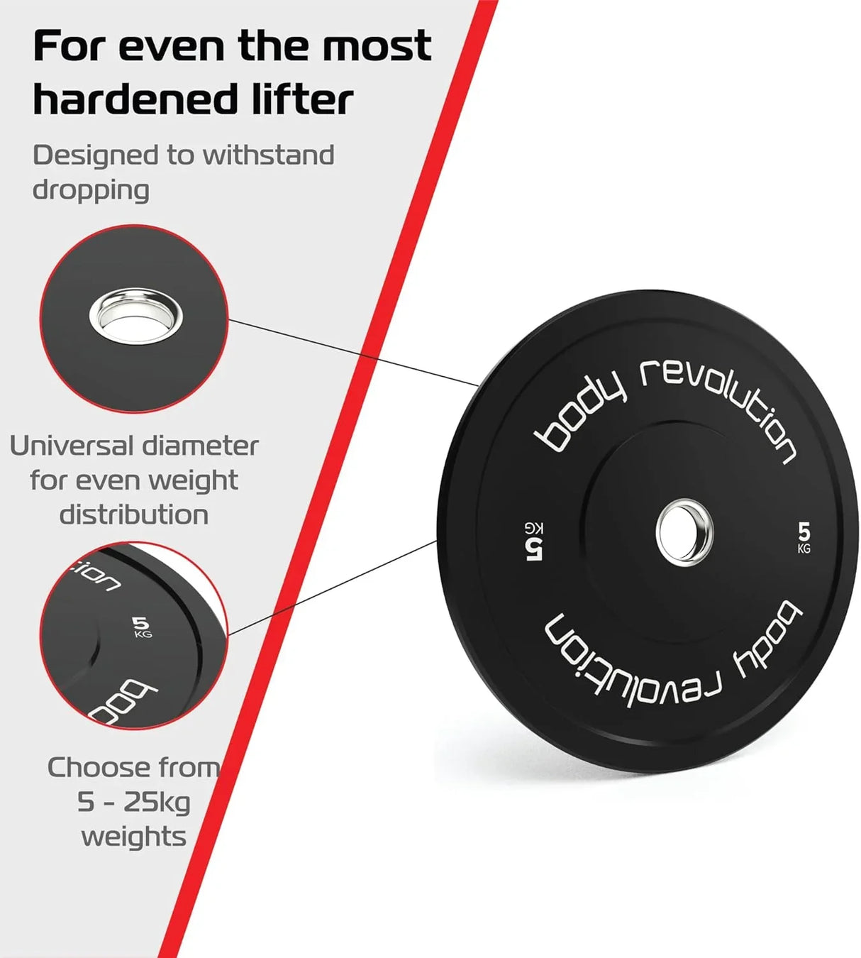 Black 5kg Olympic bumper plate with a durable design, featuring a universal diameter for even weight distribution and a sleek finish