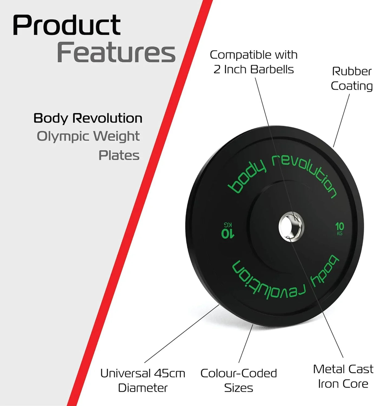 Black 10kg Olympic bumper plate with rubber coating, metal core, and color-coded size markings, designed for 2-inch barbells