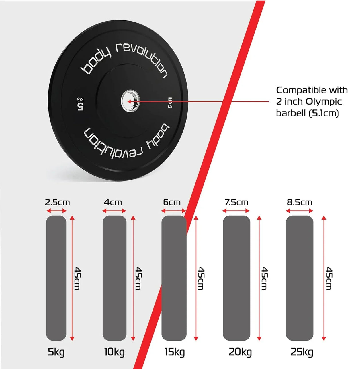 Black 10kg Olympic bumper plate with raised lettering, showing compatibility with 2-inch barbells and various weight options