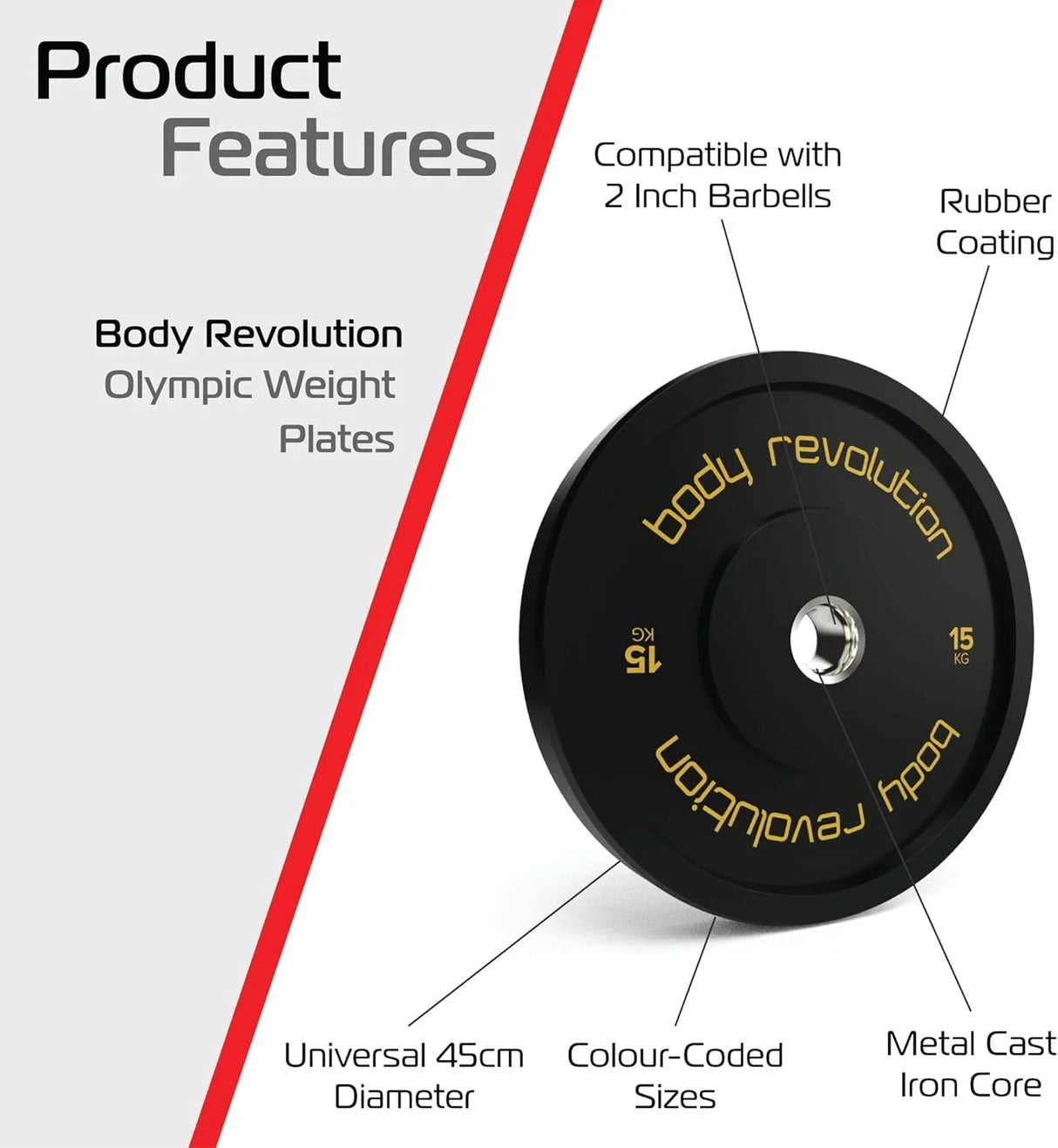 Black 15kg Body Revolution Olympic bumper plate with rubber coating, metal cast iron core, and color-coded design for easy identification