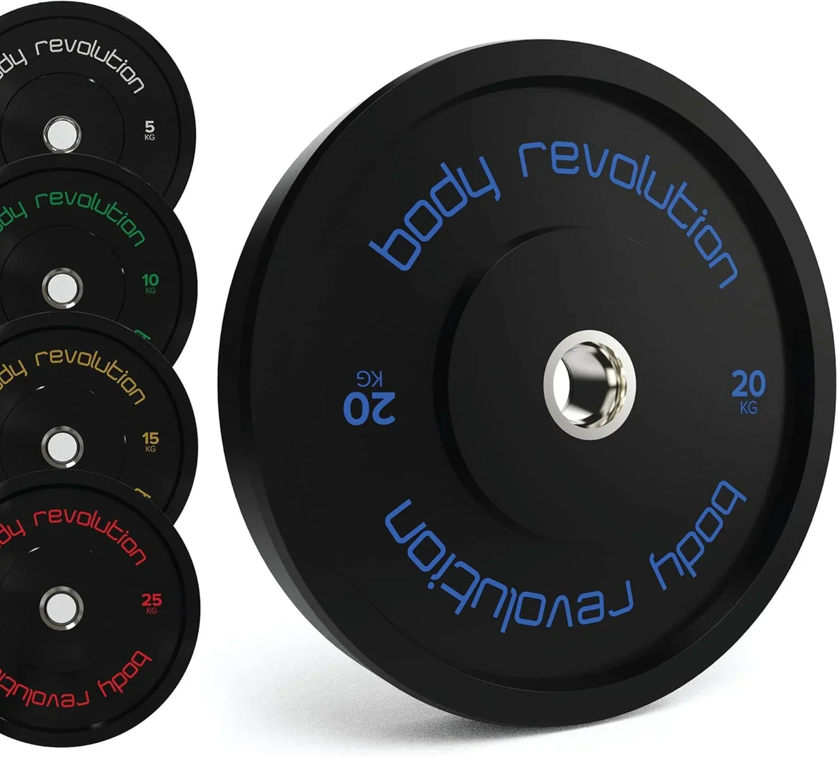 Black Olympic bumper plates from Body Revolution, featuring a durable rubber finish, clear weight markings, and a sleek design