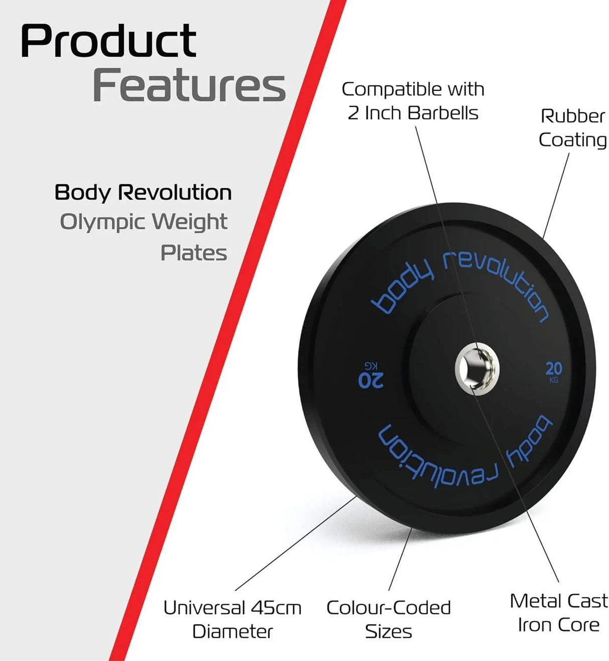 Black Olympic bumper plate with 20kg weight, rubber coating, metal core, and blue text, designed for 2-inch barbells and universal fit