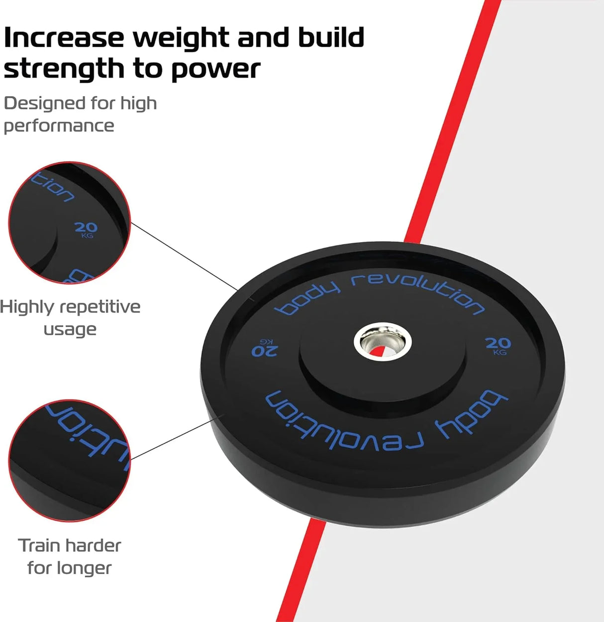 Black Olympic bumper plate with a 20kg weight, featuring a durable rubber surface and blue lettering for easy identification