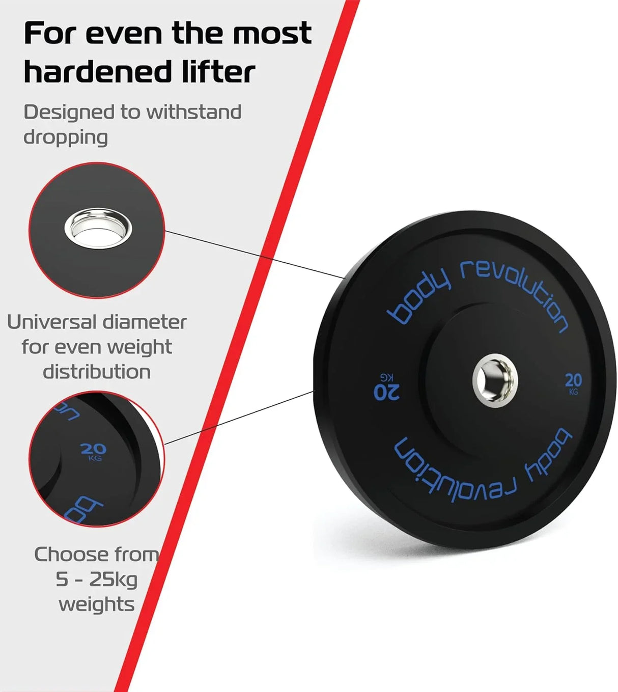 Black Olympic bumper plate with blue lettering, 20kg weight, designed for durability and even weight distribution in lifting