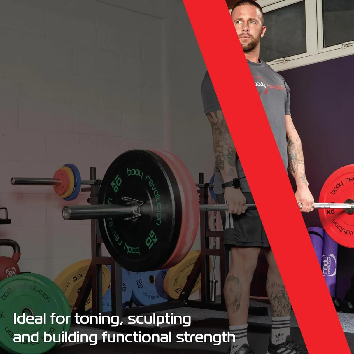Black Olympic bumper plates stacked on a rack, showcasing 20kg weight, ideal for strength training and functional workouts