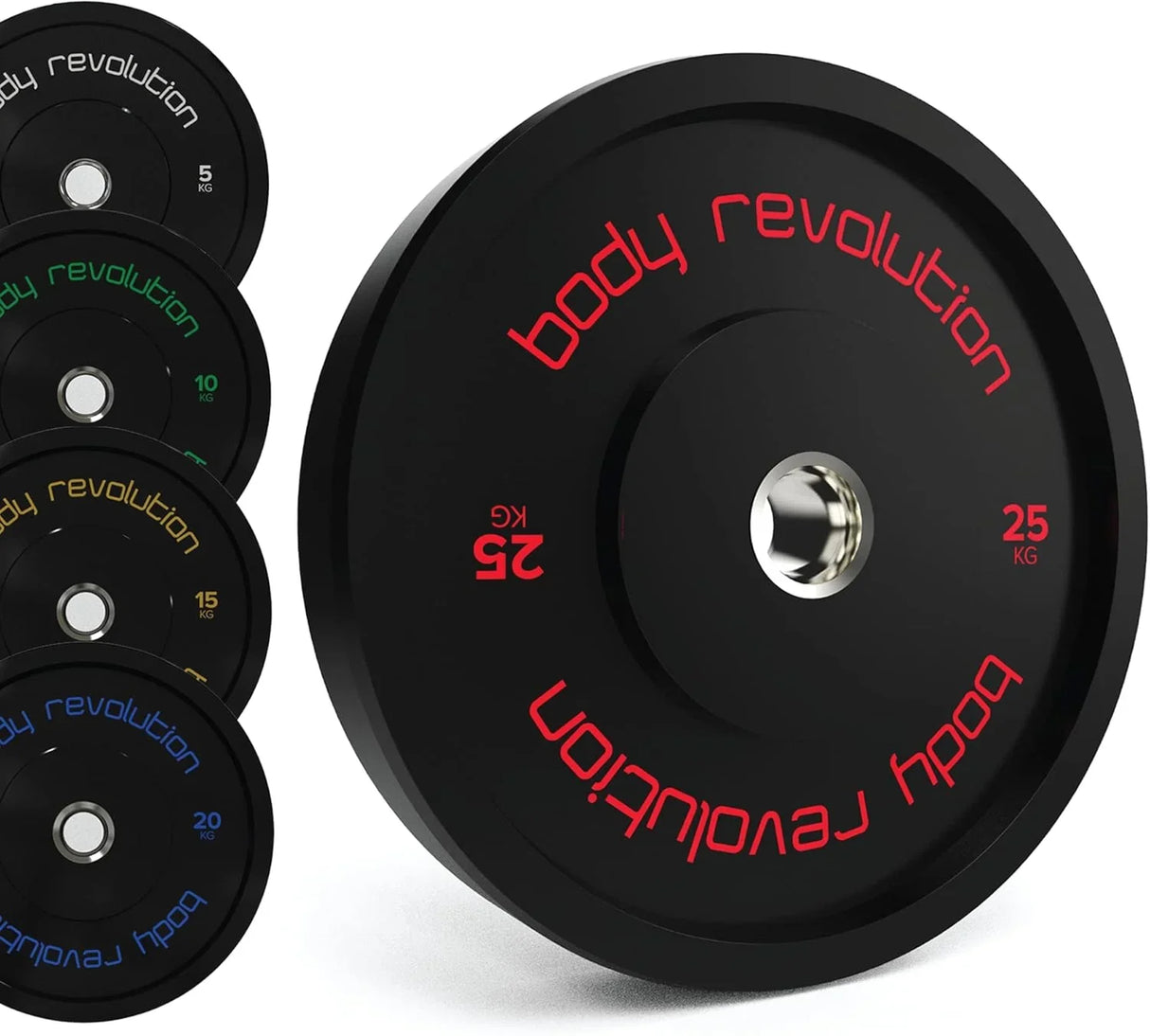 Black Olympic bumper plates, 25kg each, featuring a durable rubber finish and bold red lettering for easy identification
