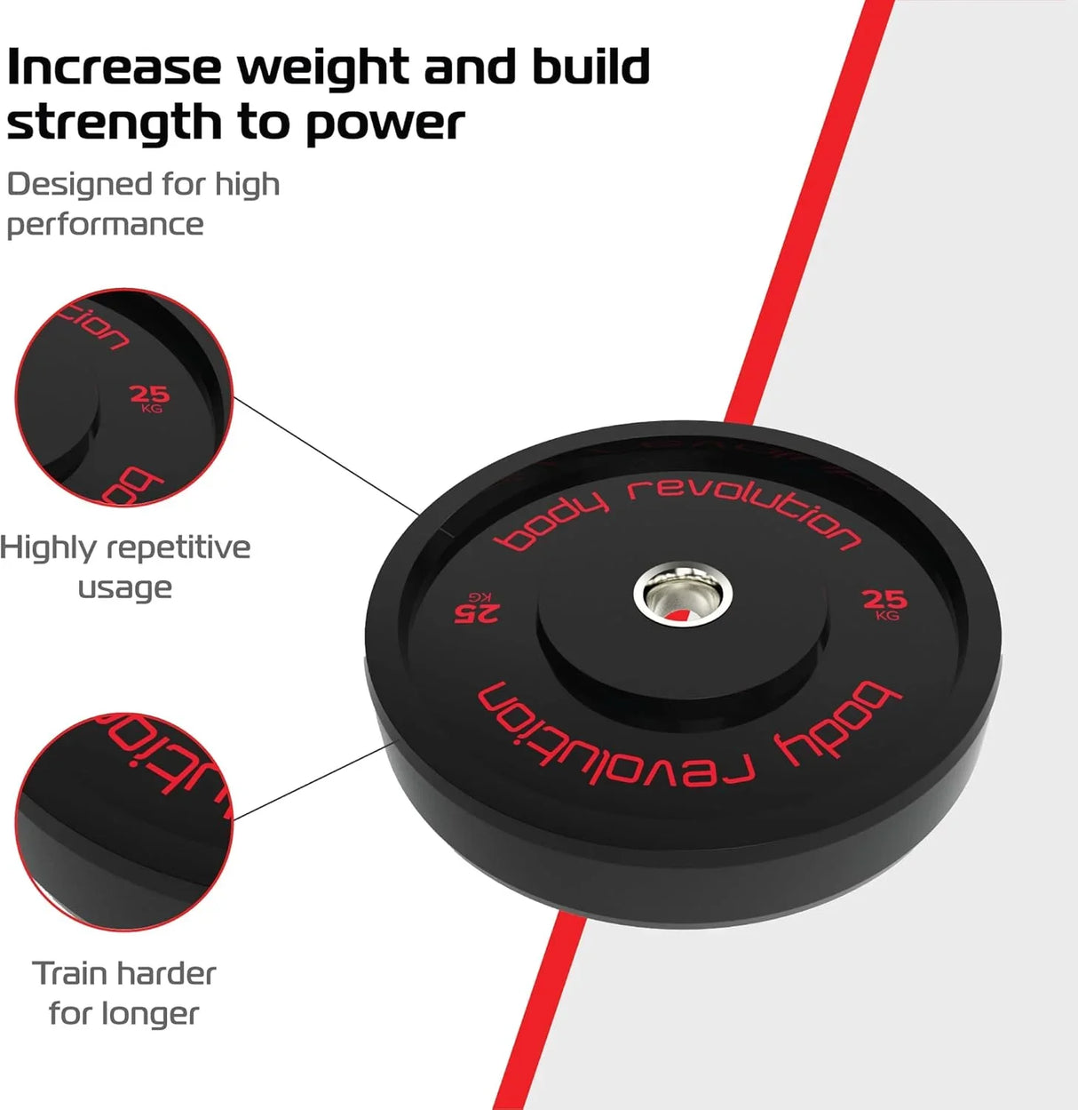 Black Olympic bumper plate, 25kg, featuring a durable rubber surface, raised lettering, and a central steel hub for easy handling