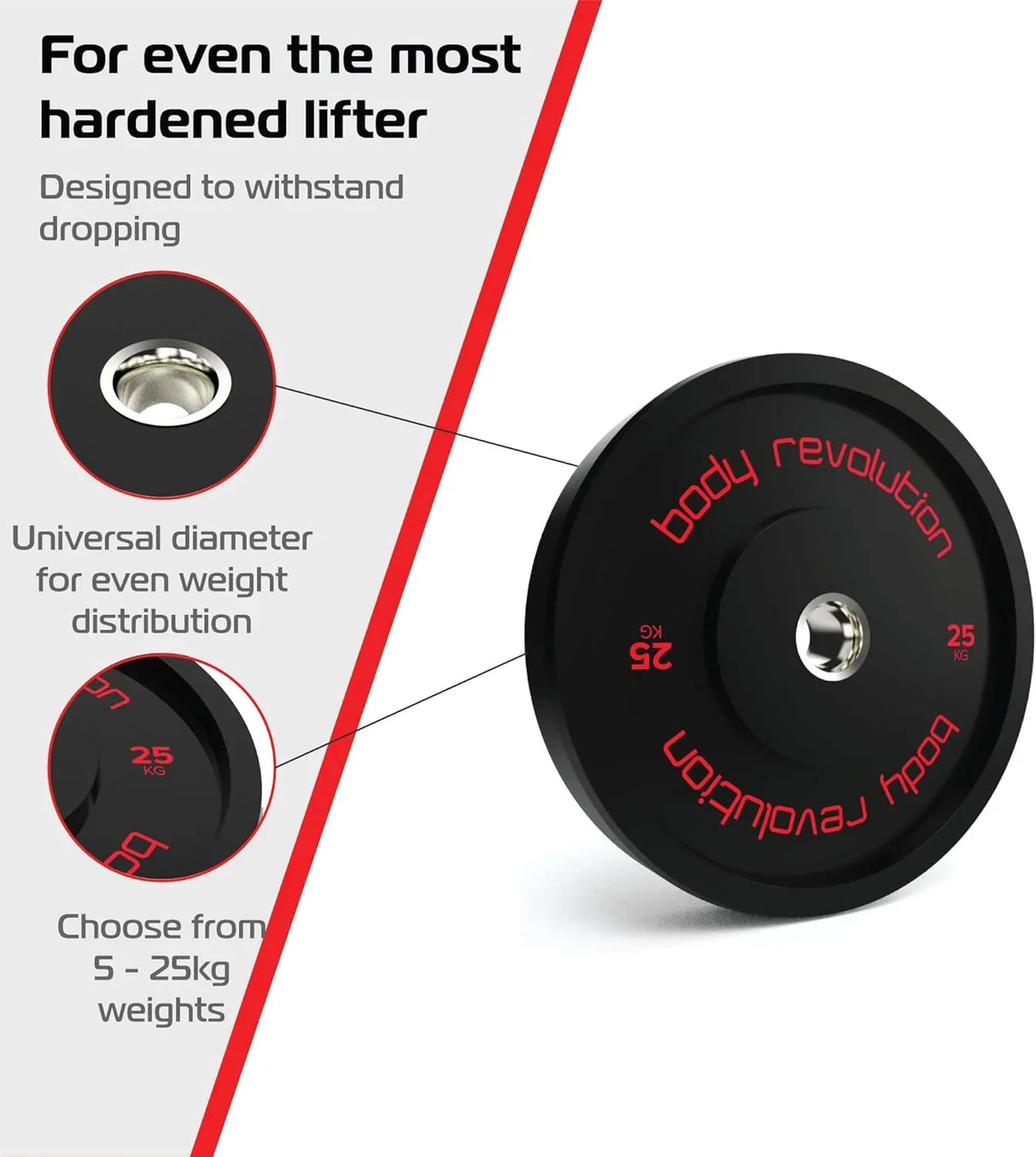 Black Olympic bumper plate set featuring 25kg weights, durable design, universal diameter, and red lettering for easy identification