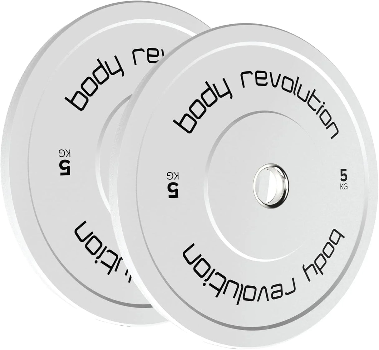 White Olympic bumper plates from Body Revolution, 2 x 5kg, featuring a smooth surface and bold black lettering for easy identification
