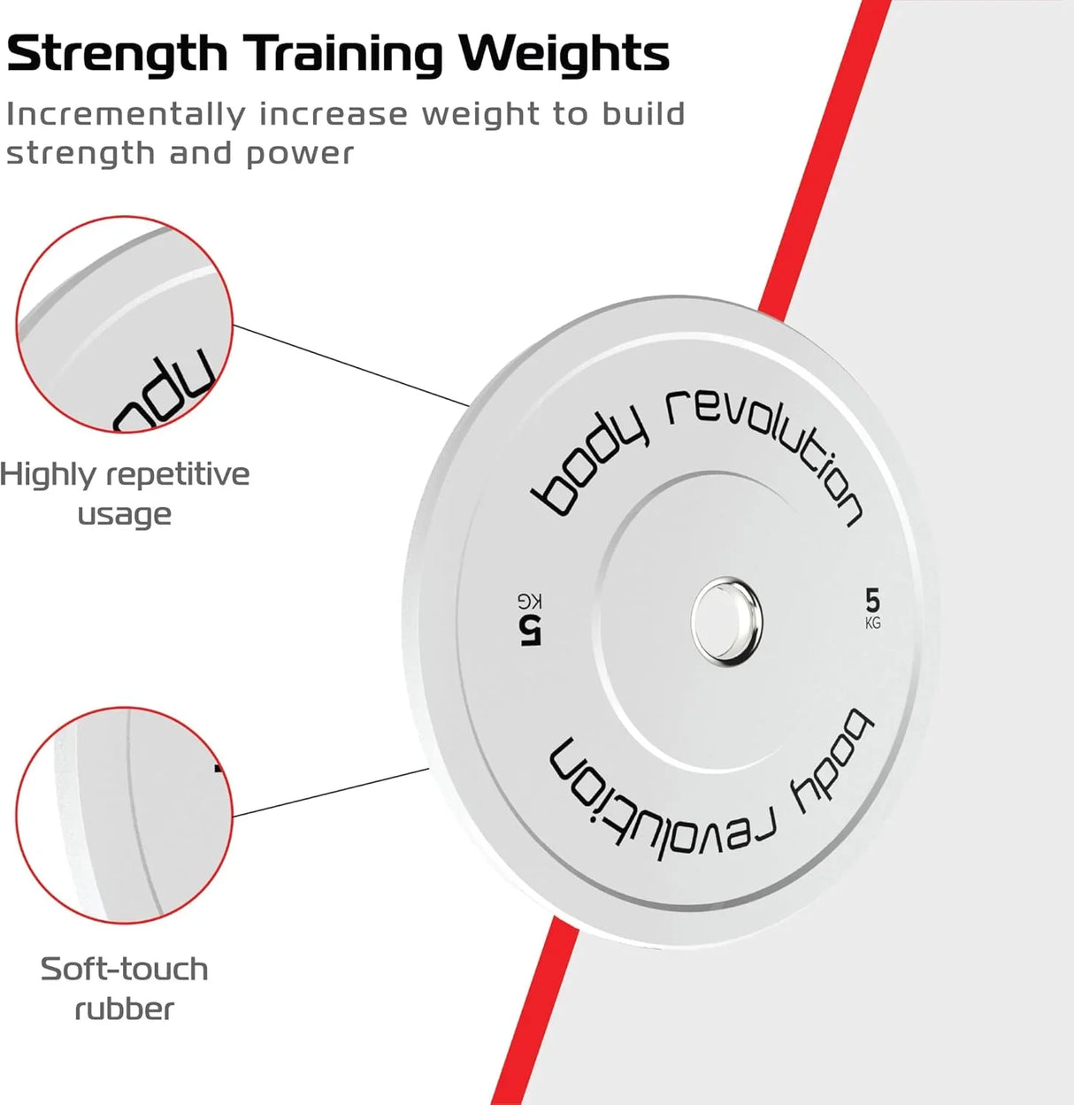 White 5kg Olympic bumper plate with soft-touch rubber, featuring "Body Revolution" branding and a smooth, durable surface for strength training