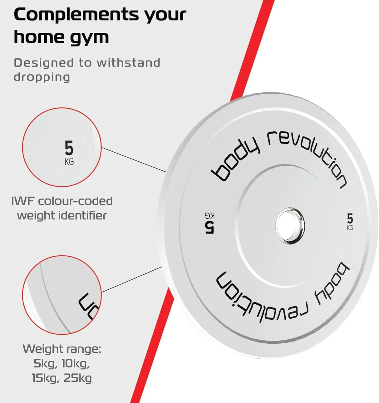 White Olympic bumper plate with a 5kg weight, featuring a durable design and IWF color-coded identifier for easy recognition