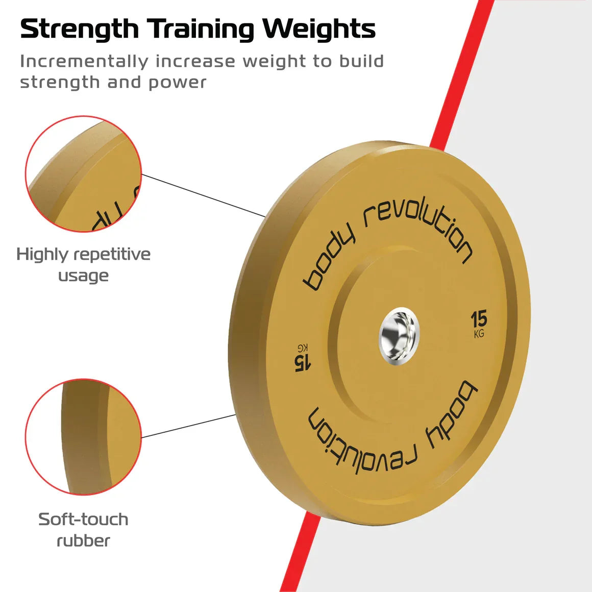 Yellow 15kg Olympic bumper plate with soft-touch rubber, designed for strength training, featuring a durable construction and clear branding