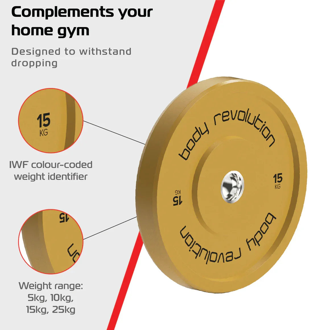 Yellow 15Kg Olympic bumper plate with durable rubber material, IWF color-coded design, and reinforced center hole for secure fit