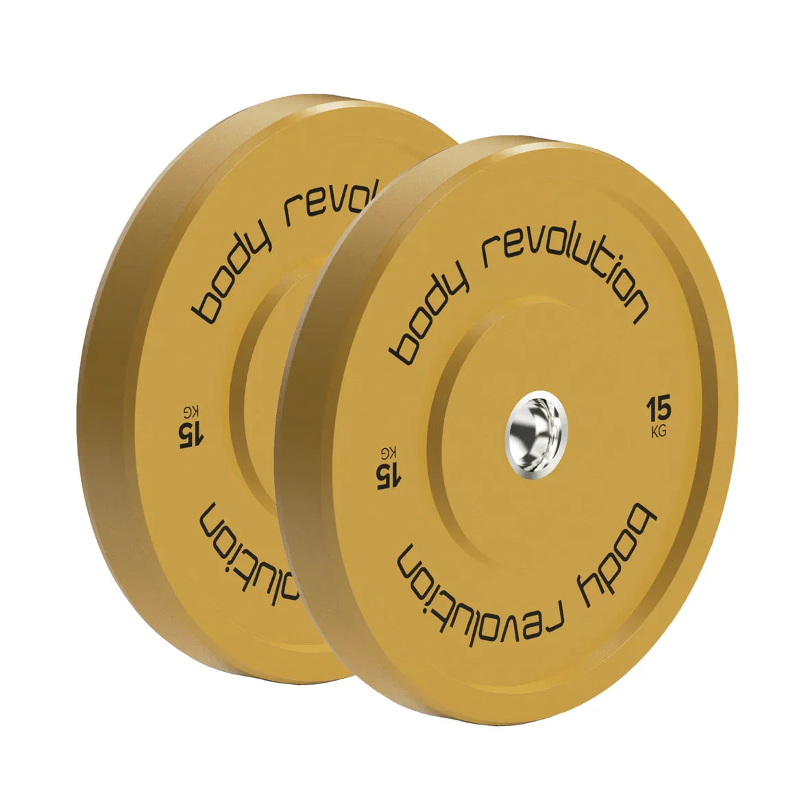 Body Revolution 100kg Bundle Olympic coloured bumper plates in vibrant yellow, featuring a durable rubber texture and clear weight markings