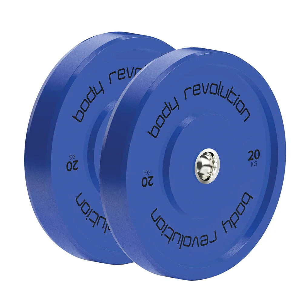 Blue 20kg Body Revolution Olympic bumper plates with a textured finish, featuring a central steel hub and bold black lettering