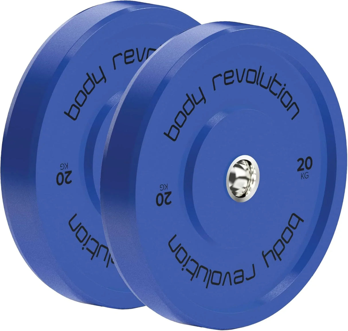 Body Revolution 2 x 20Kg blue Olympic bumper plates with a smooth rubber finish, featuring clear weight markings for easy identification