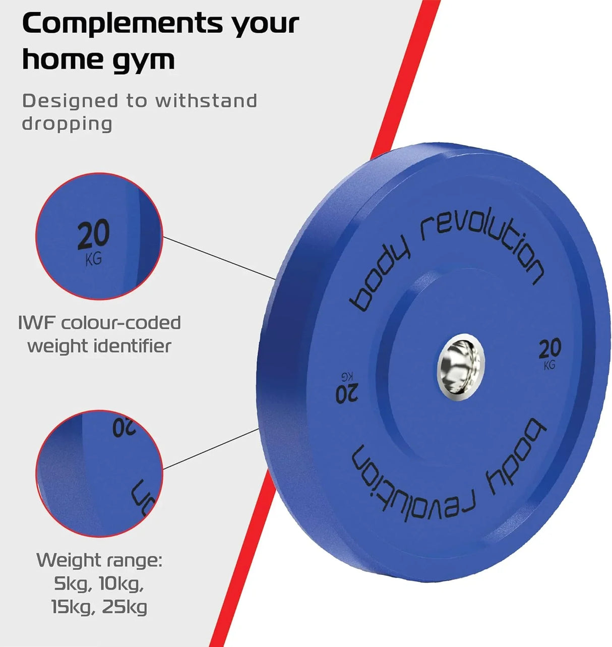 Blue 20kg Olympic bumper plate with textured surface, IWF color-coded weight identifier, designed for durability in home gyms
