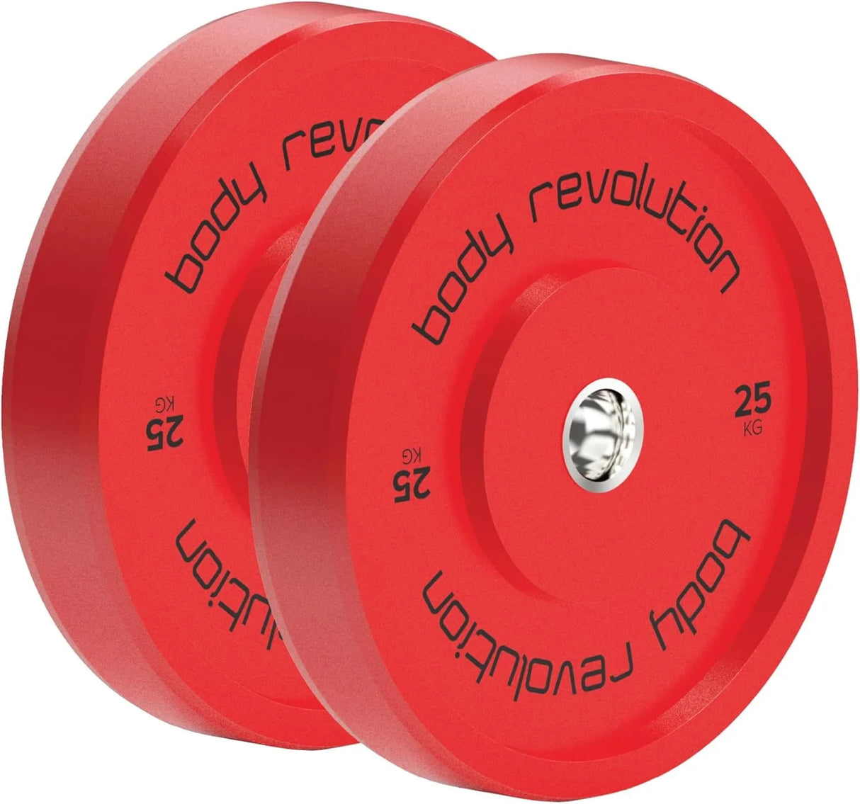 Bright red Body Revolution 25Kg Olympic bumper plates with a smooth rubber finish and bold black lettering for weight identification