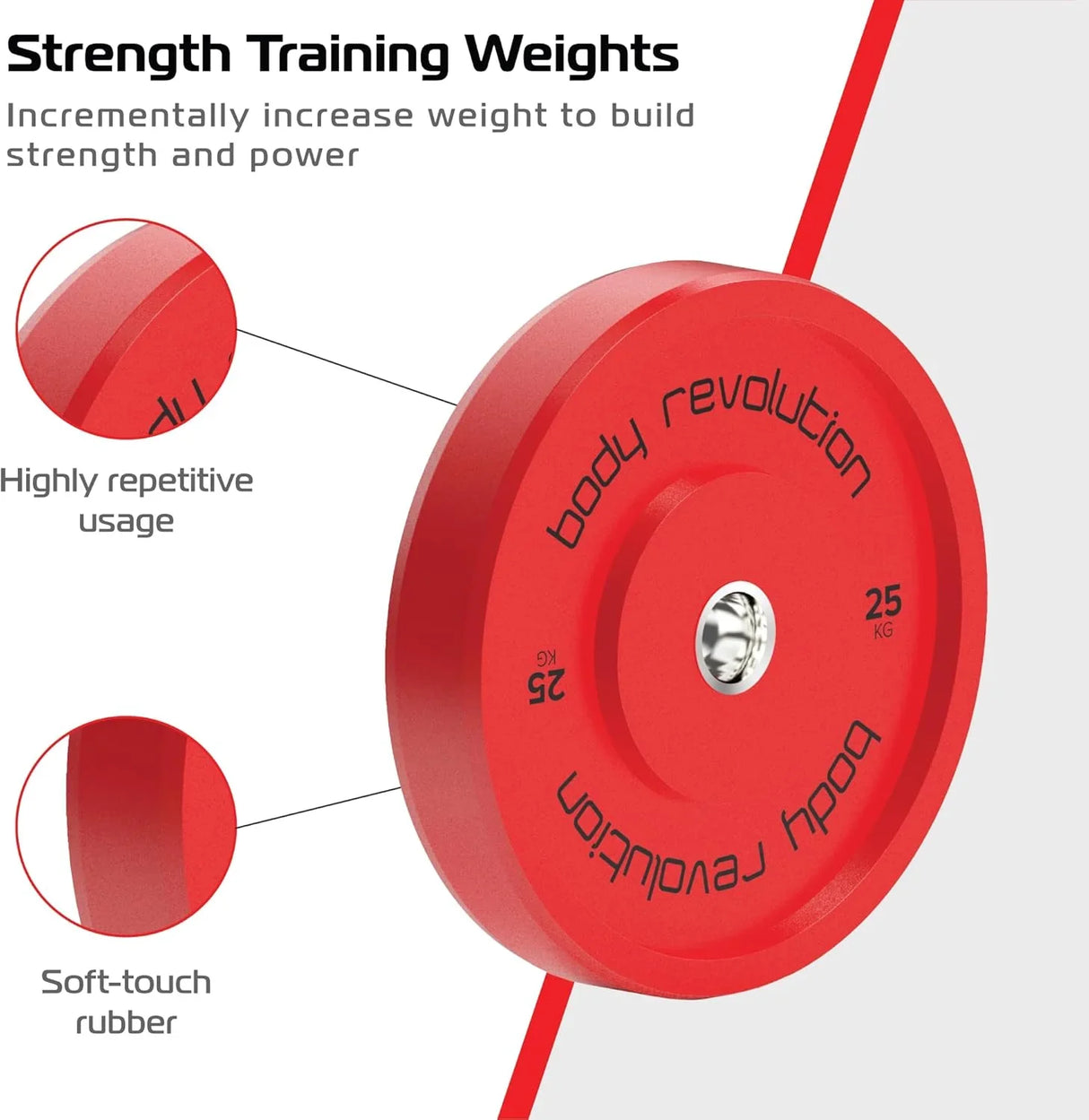 Red 25Kg Olympic bumper plate with soft-touch rubber, designed for strength training, featuring a durable, textured surface and clear branding
