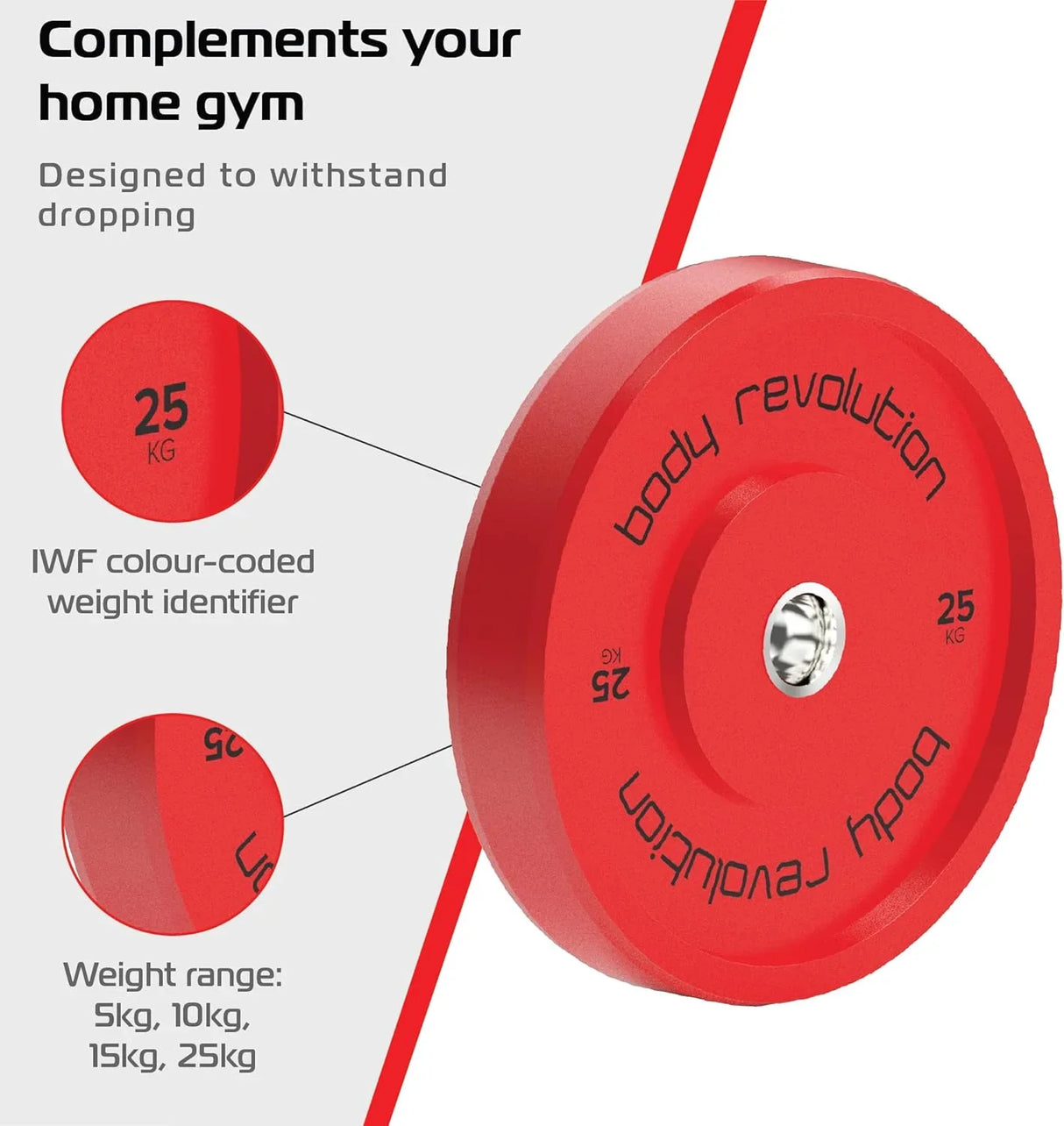 Red 25kg Olympic bumper plate with IWF color coding, designed for durability and ideal for home gym use, featuring a sleek finish