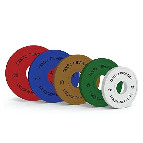 Full set of fractional bumper plates in red, blue, green, brown, and white, featuring durable rubber material and clear weight markings