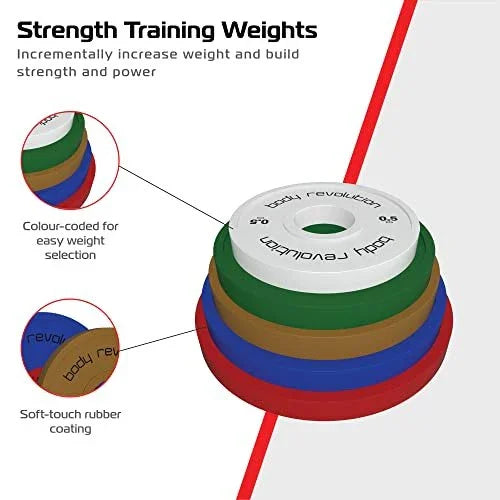 Full set of fractional bumper plates in vibrant colors, featuring a soft-touch rubber coating for durability and easy weight selection