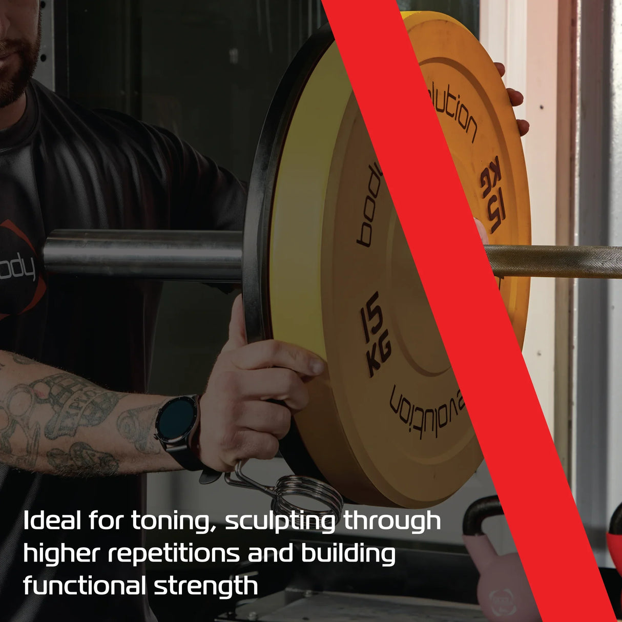 Full set of fractional bumper plates in vibrant yellow and black, designed for toning and building functional strength during workouts